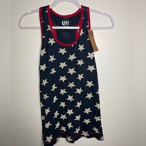 Navy blue tank top with white stars and red trim.